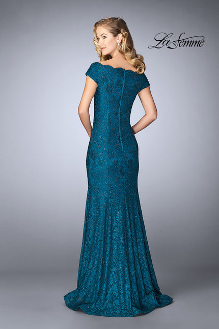 Picture of: Scalloped Off the Shoulder Lace Gown with Flare Skirt in Dark Teal, Style: 24928, Back Picture