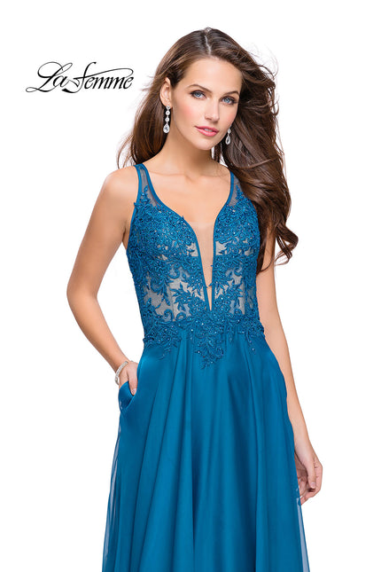 Picture of: Chiffon A-line Dress with Beaded Lace Bodice in Dark Teal, Style: 26082, Main Picture