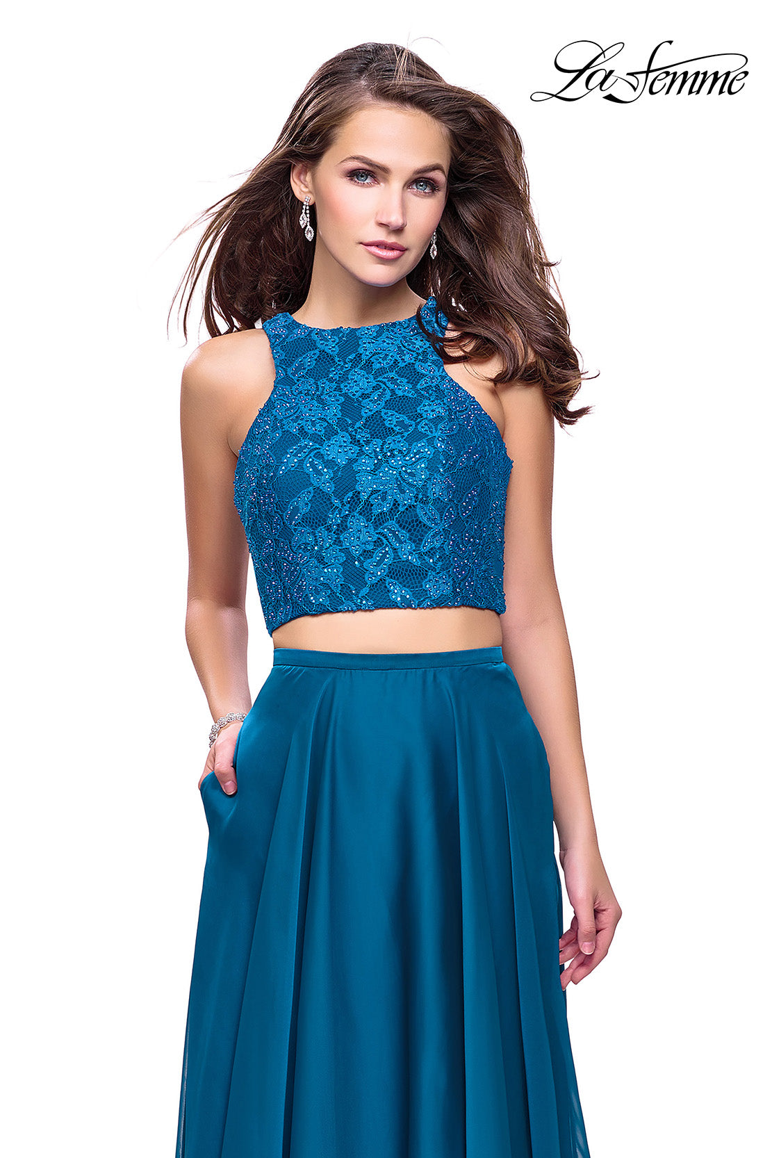 Picture of: Two Piece Prom Gown with Beaded lace Top and Pockets in Dark Teal, Style: 26087, Detail Picture 1