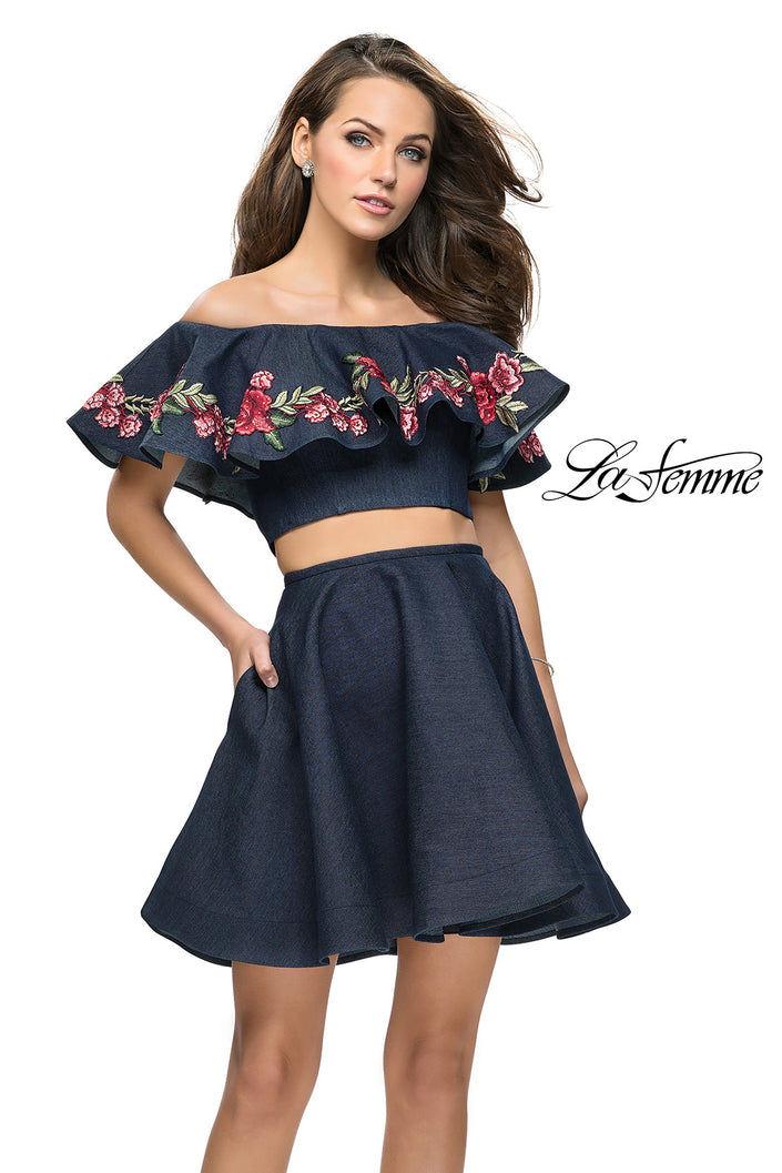 Picture of: Denim Two Piece Dress with Floral Detail and Pockets in Dark Wash, Style: 26627, Main Picture