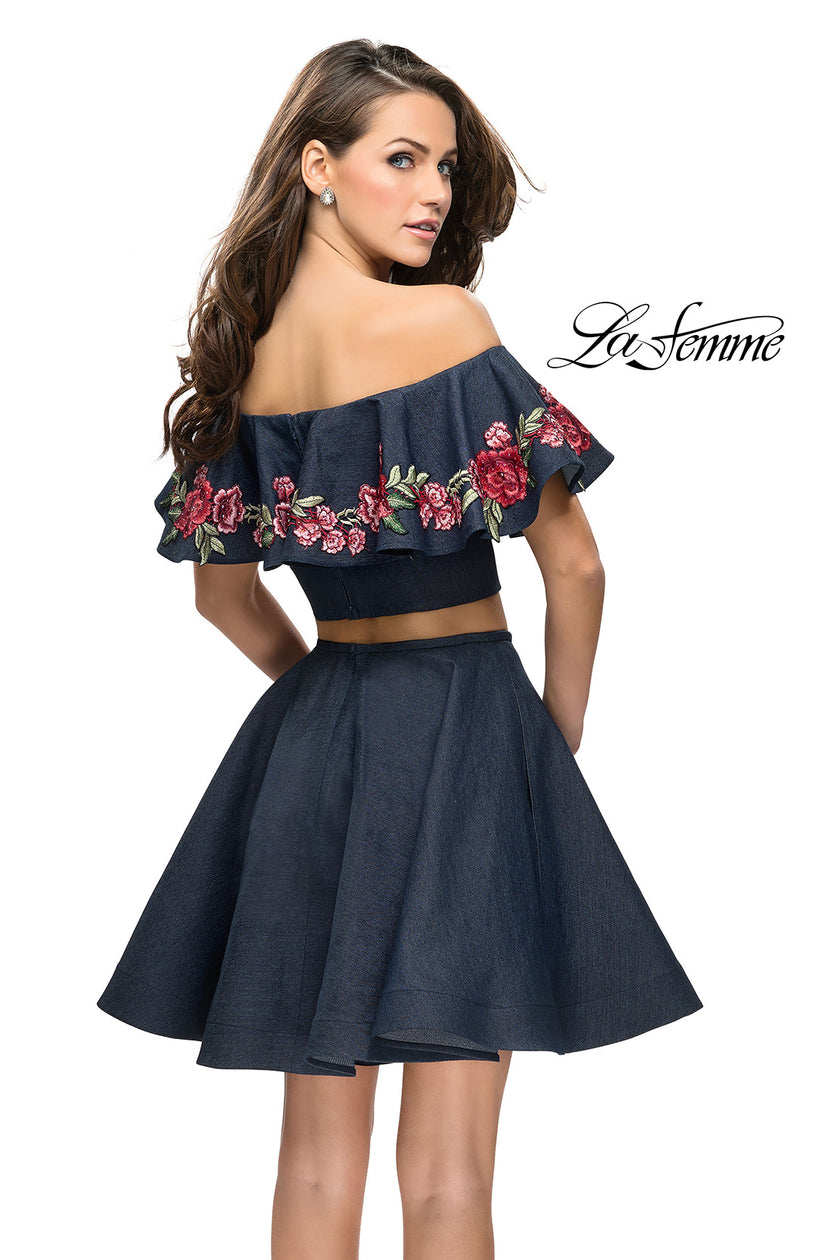 Picture of: Denim Two Piece Dress with Floral Detail and Pockets in Dark Wash, Style: 26627, Back Picture