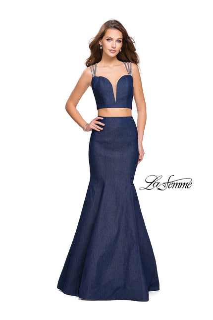 Picture of: Two Piece Denim Prom Dress with Beaded Straps in Dark Wash, Style: 25754, Main Picture