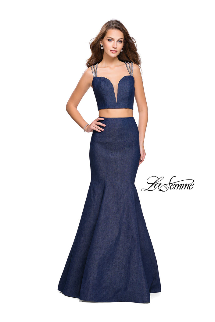 Picture of: Two Piece Denim Prom Dress with Beaded Straps in Dark Wash, Style: 25754, Main Picture