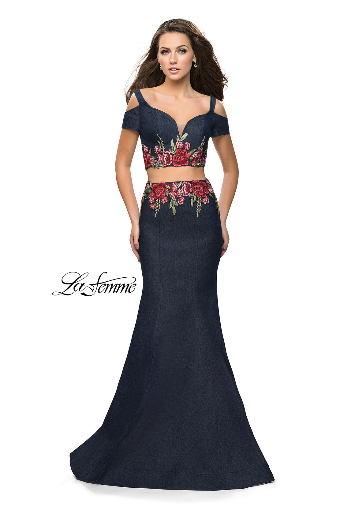 Picture of: Denim Two Piece Prom Dress with Floral Applique in Dark Wash, Style: 25848, Main Picture