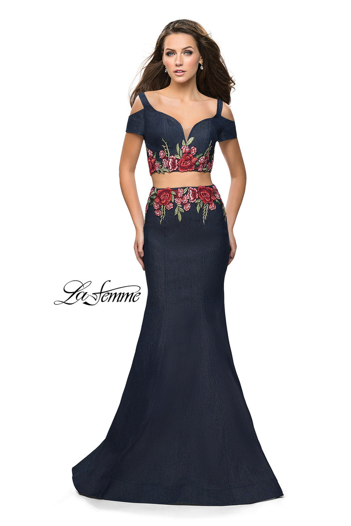 Picture of: Denim Two Piece Prom Dress with Floral Applique in Dark Wash, Style: 25848, Main Picture