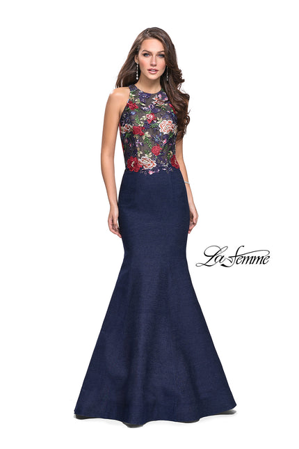 Picture of: High Neck Denim Mermaid Gown with Floral Print in Dark Wash, Style: 25885, Main Picture