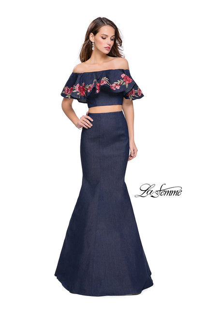 Picture of: Two Piece Denim Dress with Floral and Ruffle Detail in Dark Wash, Style: 26013, Main Picture