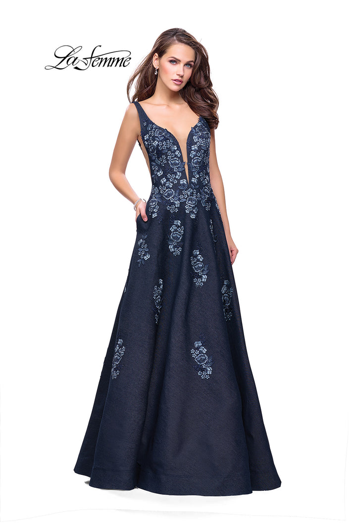 Picture of: Denim A-line Ball Gown with Floral Embellishments in Dark Wash, Style: 26265, Main Picture