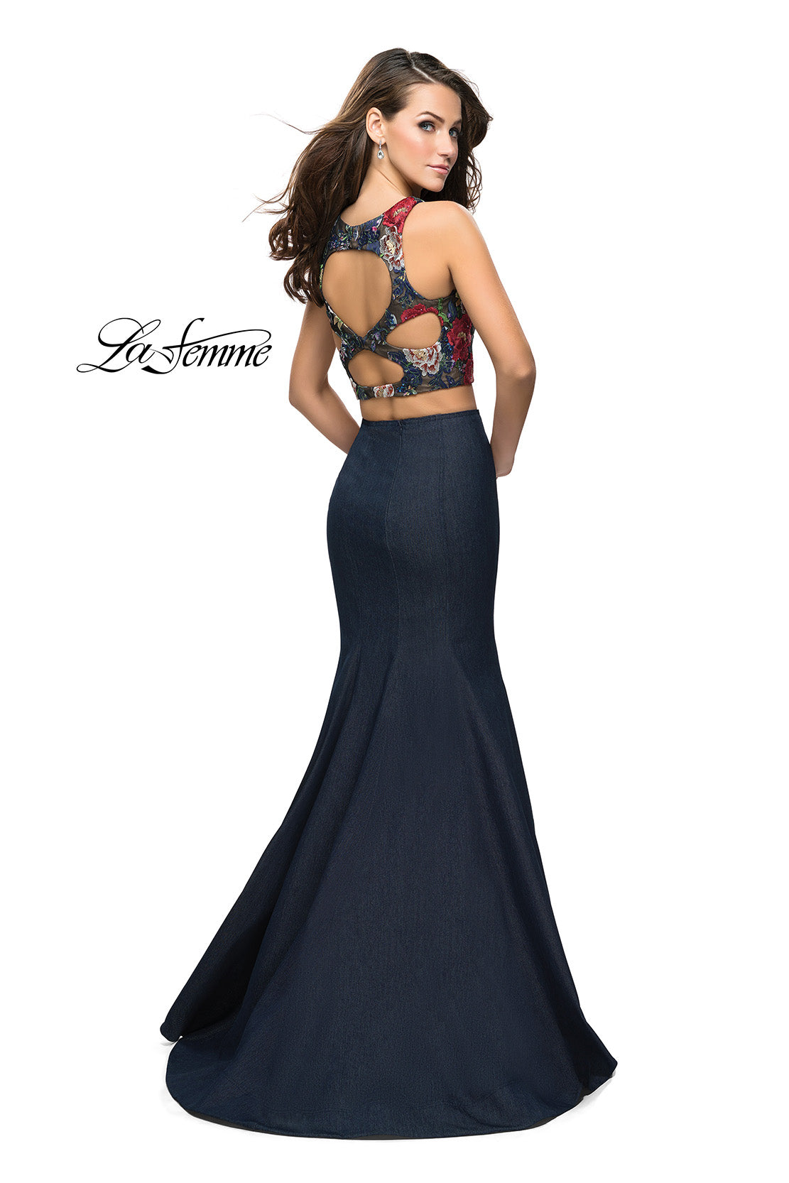 Picture of: Two Piece Mermaid Prom Dress with Denim Skirt in Dark Wash, Style: 25614, Back Picture