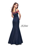 Picture of: Denim Off the Shoulder Dress with Floral Applique in Dark Wash, Style: 25753, Back Picture