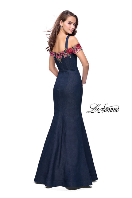 Picture of: Denim Off the Shoulder Dress with Floral Applique in Dark Wash, Style: 25753, Back Picture