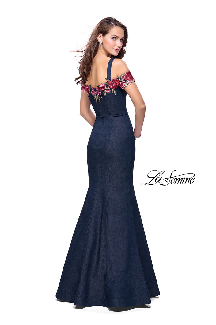 Picture of: Denim Off the Shoulder Dress with Floral Applique in Dark Wash, Style: 25753, Back Picture