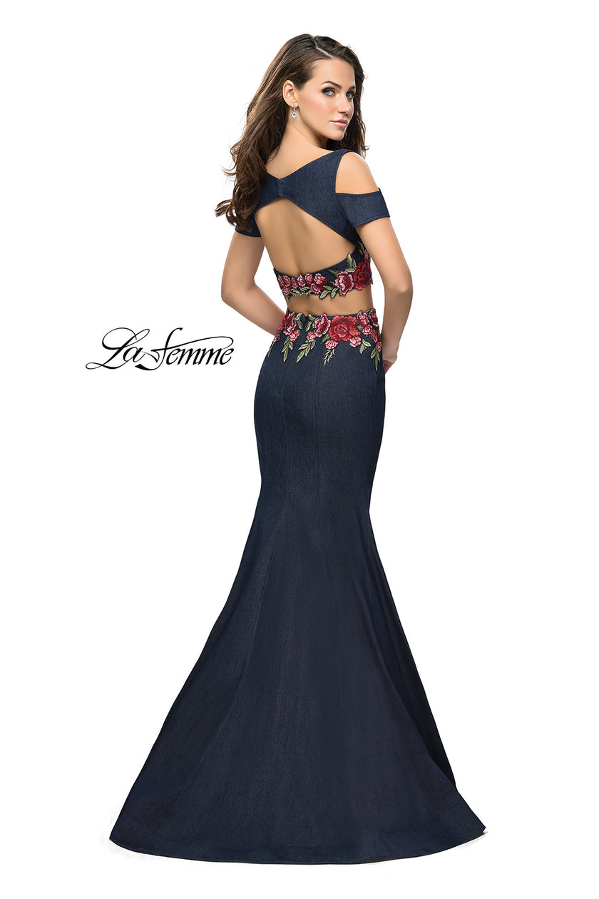 Picture of: Denim Two Piece Prom Dress with Floral Applique in Dark Wash, Style: 25848, Back Picture