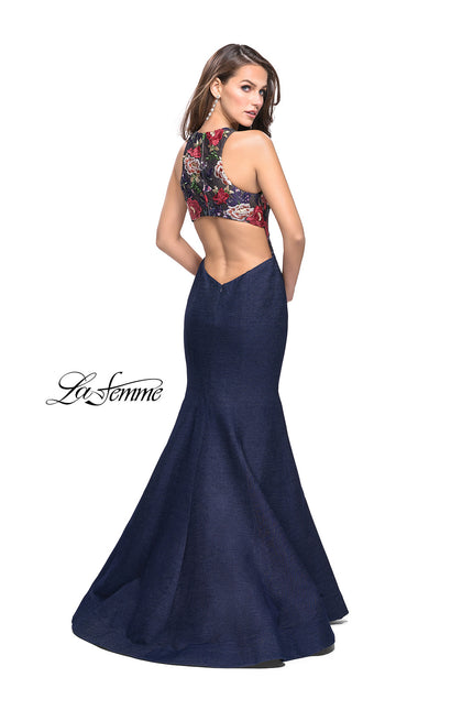 Picture of: High Neck Denim Mermaid Gown with Floral Print in Dark Wash, Style: 25885, Back Picture