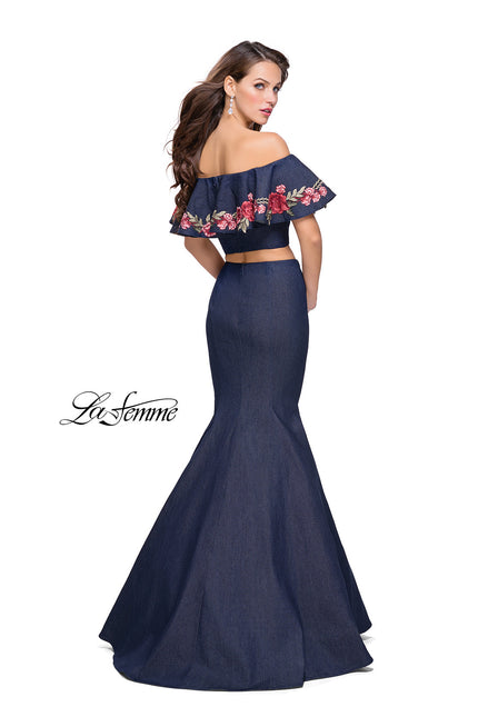 Picture of: Two Piece Denim Dress with Floral and Ruffle Detail in Dark Wash, Style: 26013, Back Picture