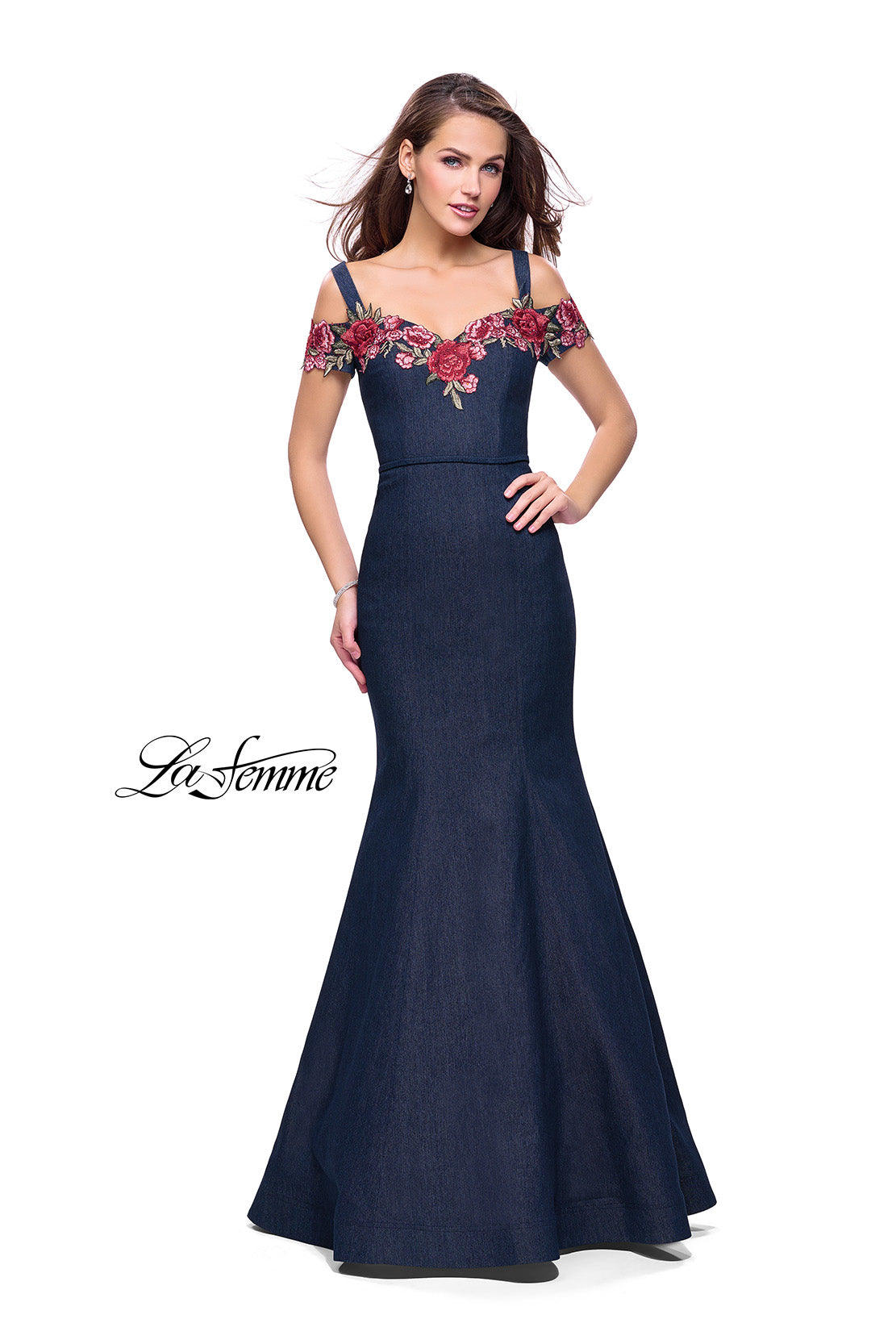 Picture of: Denim Off the Shoulder Dress with Floral Applique in Dark Wash, Style: 25753, Detail Picture 1