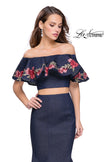 Picture of: Two Piece Denim Dress with Floral and Ruffle Detail in Dark Wash, Style: 26013, Detail Picture 1