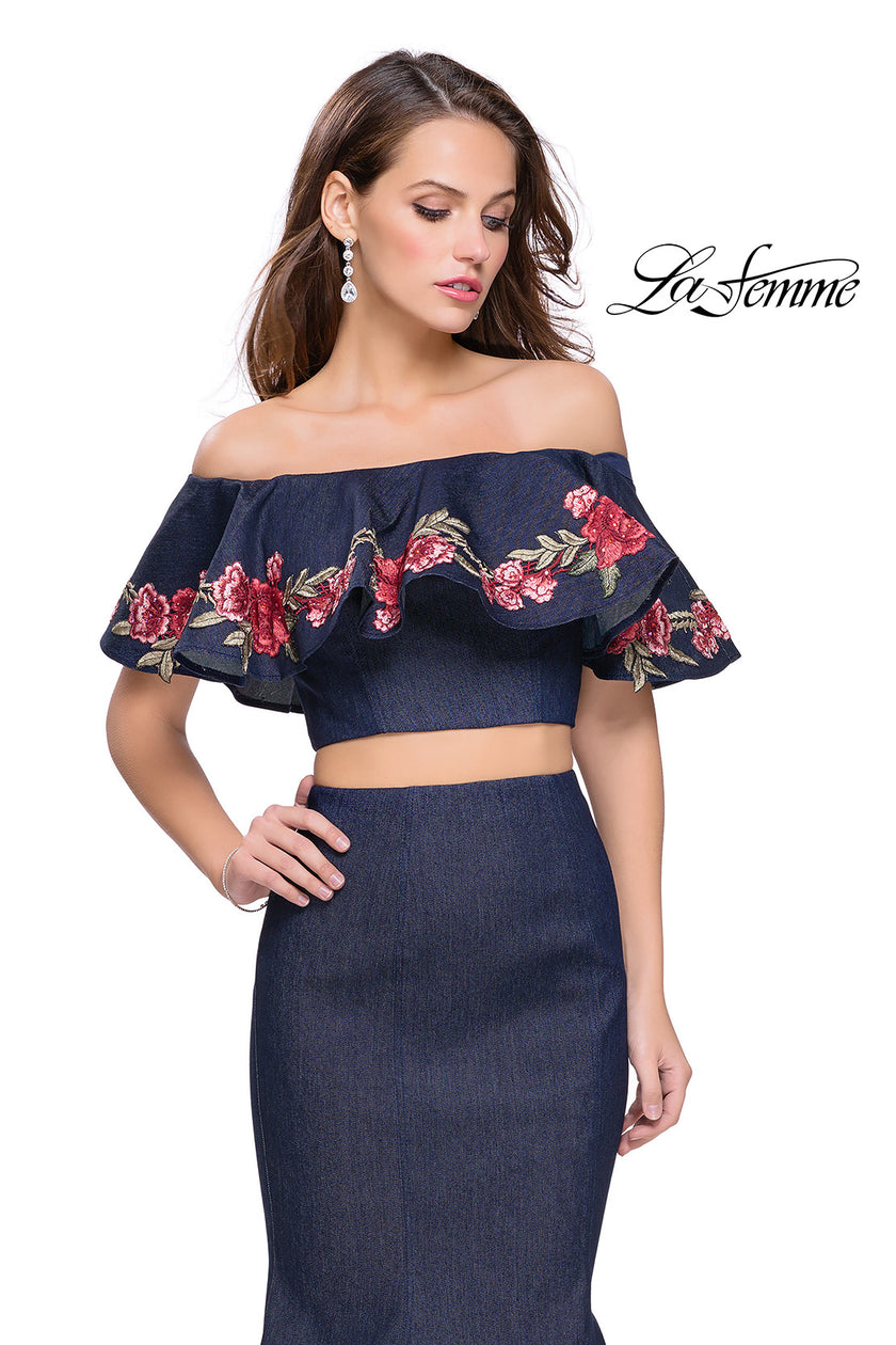 Picture of: Two Piece Denim Dress with Floral and Ruffle Detail in Dark Wash, Style: 26013, Detail Picture 1