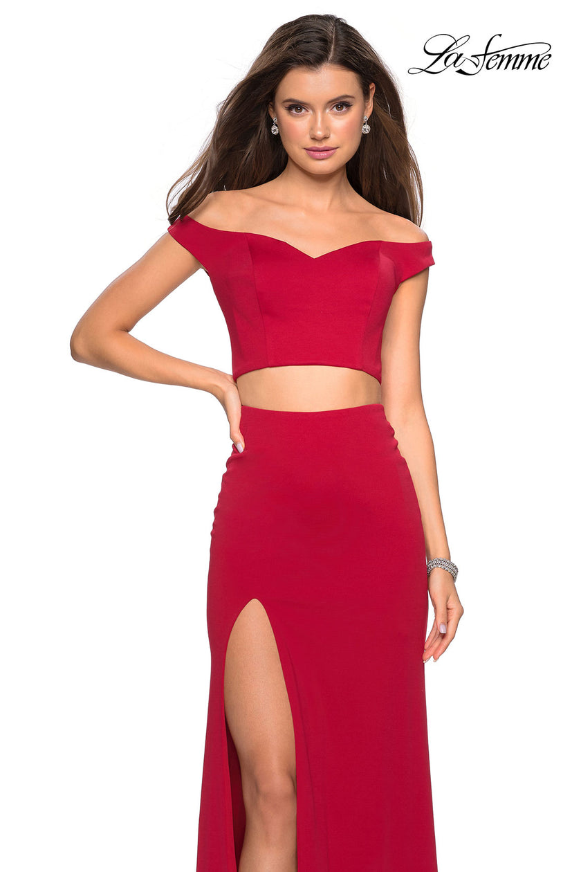 Picture of: Faux Two Piece Long Off the Shoulder Prom Dress in Deep Red, Style: 27496, Main Picture