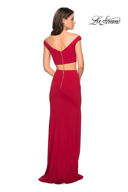 Picture of: Faux Two Piece Long Off the Shoulder Prom Dress in Deep Red, Style: 27496, Back Picture