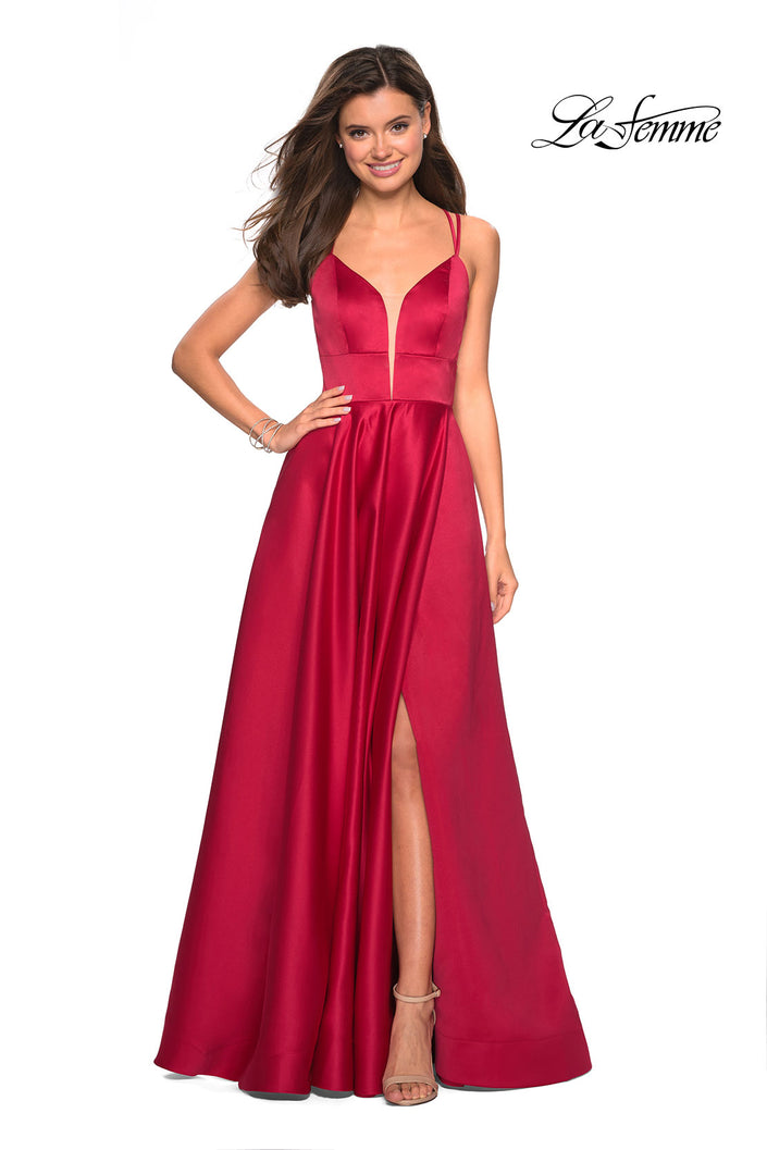 Picture of: Long Satin Formal Gown with Leg Slit and Strappy Back in Deep Red, Style: 26994, Detail Picture 2
