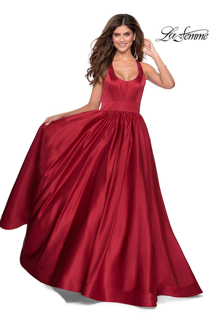 Picture of: Satin Ball Gown with Criss Cross Back and Pockets in Deep Red, Style: 28281, Detail Picture 2