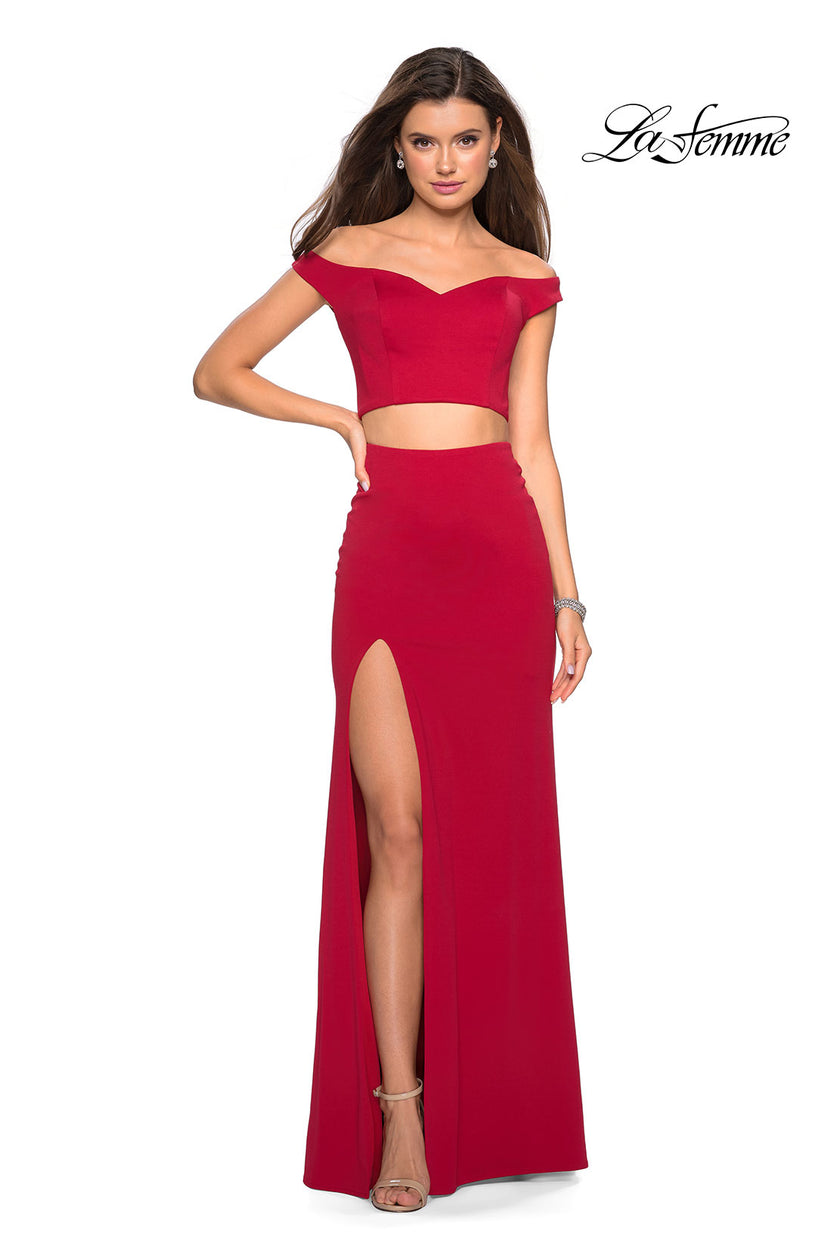 Picture of: Faux Two Piece Long Off the Shoulder Prom Dress in Deep Red, Style: 27496, Detail Picture 3