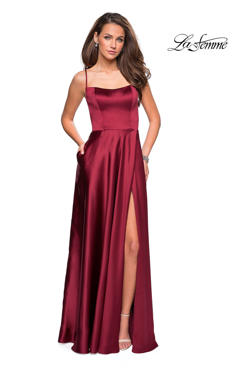 Picture of: Satin Formal Prom Gown with Scoop Neck and Pockets in Deep Red, Style: 26977, Detail Picture 4