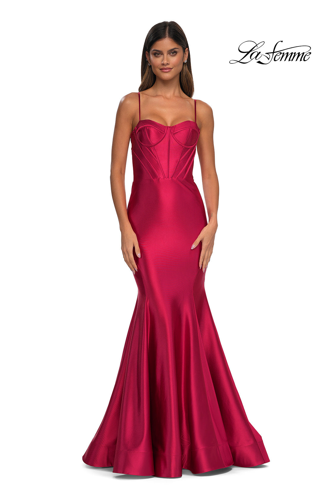 Picture of: Chic Stretch Satin Gown with Corset Top and Flare Skirt in Deep Red, Style: 32555, Detail Picture 5