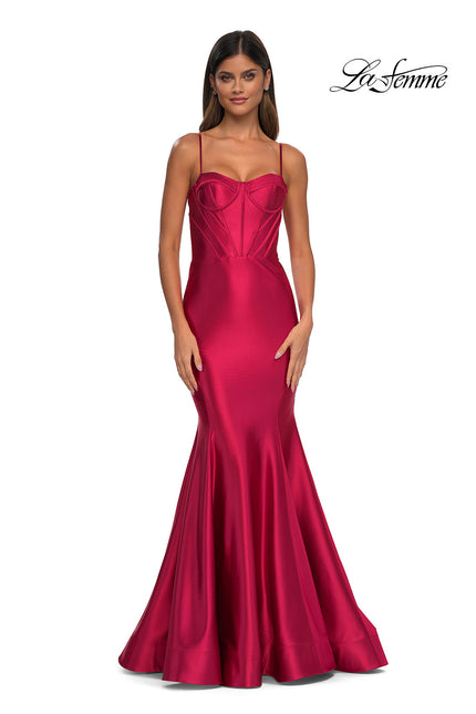 Picture of: Chic Stretch Satin Gown with Corset Top and Flare Skirt in Deep Red, Style: 32555, Detail Picture 5