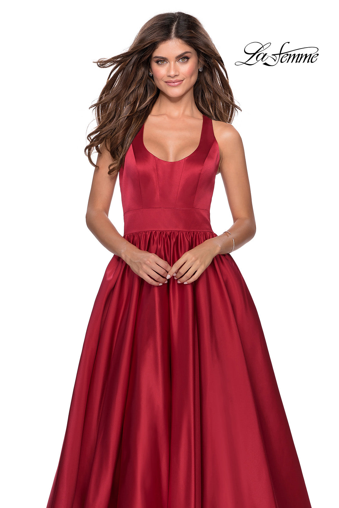 Picture of: Satin Ball Gown with Criss Cross Back and Pockets in Deep Red, Style: 28281, Detail Picture 6