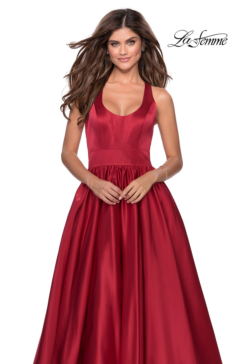 Picture of: Satin Ball Gown with Criss Cross Back and Pockets in Deep Red, Style: 28281, Detail Picture 6