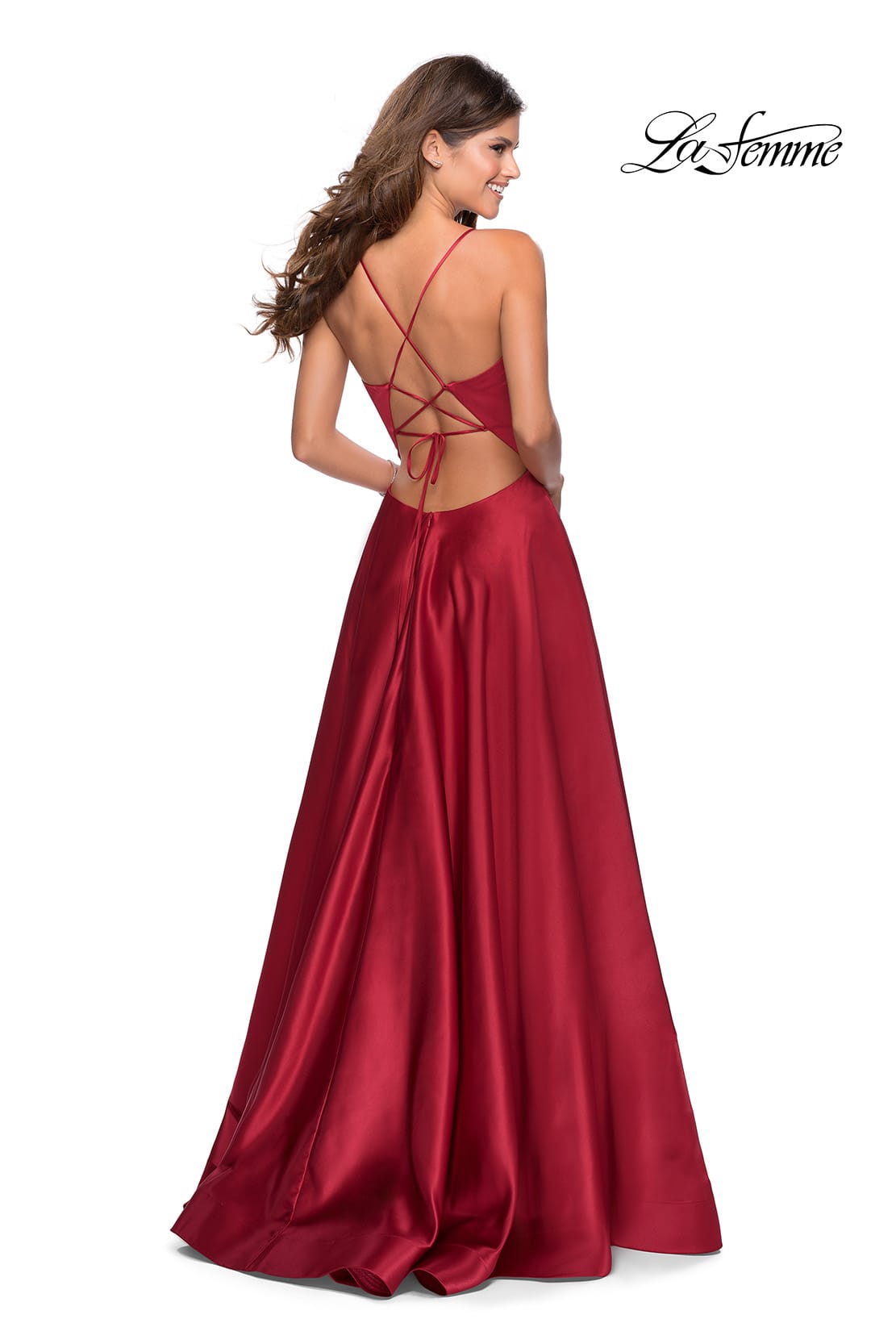Picture of: V-Neck Satin Prom Dress with Lace Up Back in Deep Red, Style: 28628, Detail Picture 7