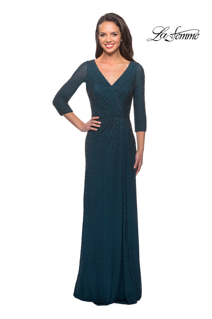 Picture of: Floor Length Beaded Gown with Three Quarter Sleeves in Deep Teal, Style: 25030, Main Picture