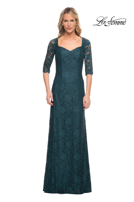 Picture of: 3/4 Sleeve Long Lace Gown with Rhinestone Accents in Deep Teal, Style: 25526, Main Picture