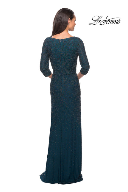 Picture of: Floor Length Beaded Gown with Three Quarter Sleeves in Deep Teal, Style: 25030, Back Picture