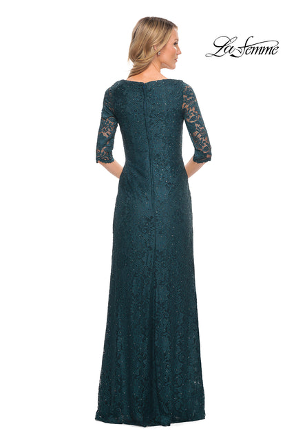 Picture of: 3/4 Sleeve Long Lace Gown with Rhinestone Accents in Deep Teal, Style: 25526, Back Picture