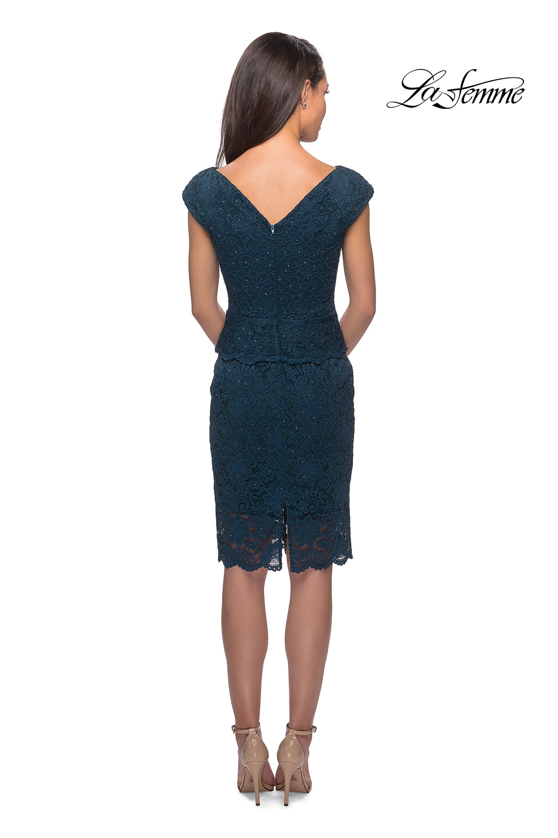 Picture of: Peplum Knee Length Lace Dress with Cap Sleeves in Deep Teal, Style: 25529, Back Picture