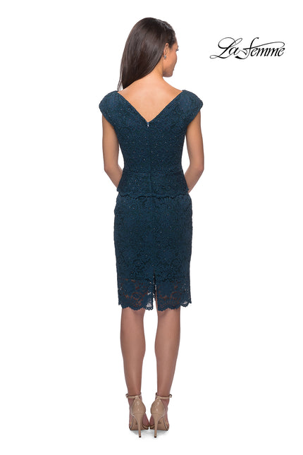 Picture of: Peplum Knee Length Lace Dress with Cap Sleeves in Deep Teal, Style: 25529, Back Picture