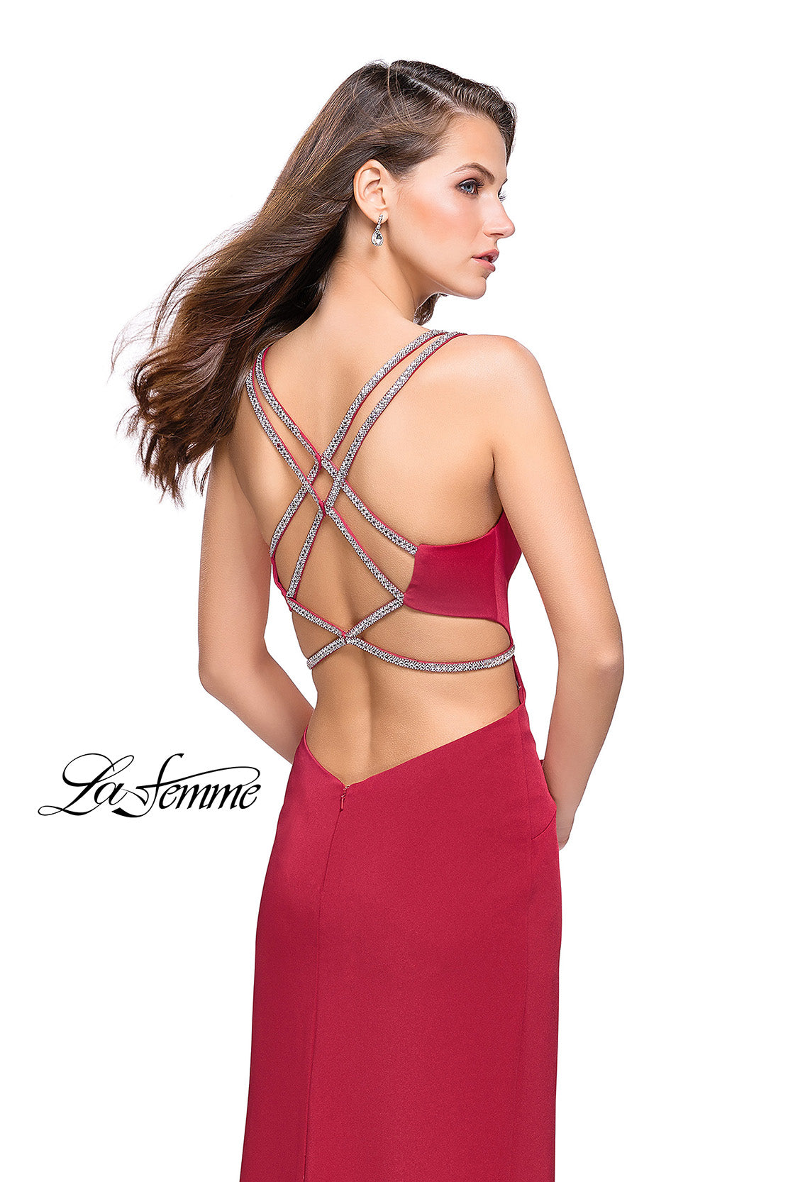 Picture of: Long Jersey Prom Dress with Metallic Beading and Slit in Deep Red, Style: 25623, Back Picture