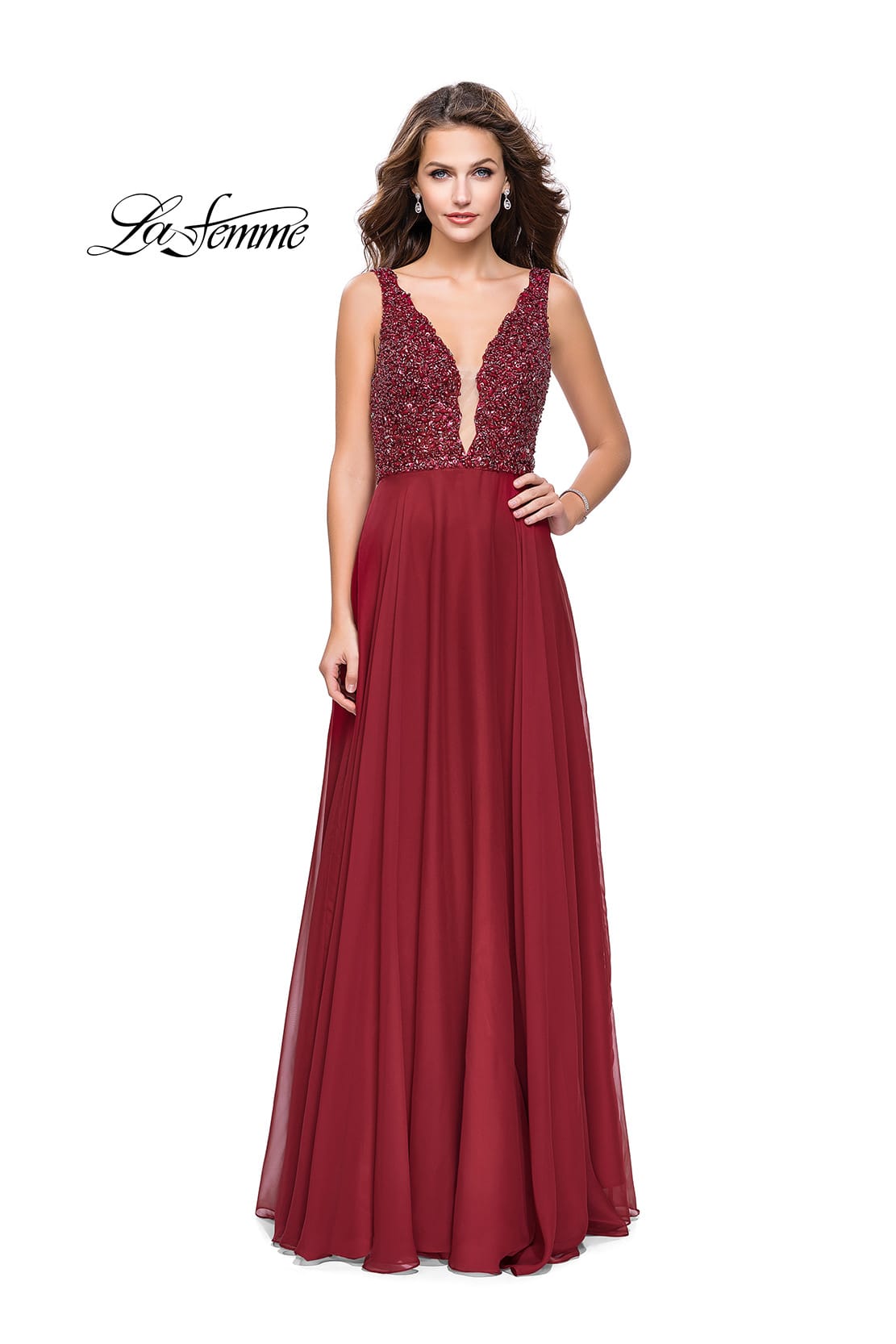 Picture of: A-Line Prom Gown with Chiffon Skirt and Beaded Bodice in Deep Red, Style: 26053, Detail Picture 1