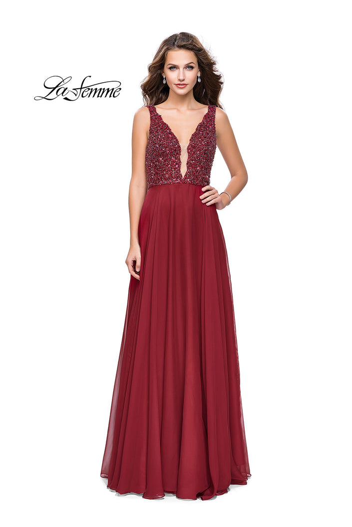 Picture of: A-Line Prom Gown with Chiffon Skirt and Beaded Bodice in Deep Red, Style: 26053, Detail Picture 1