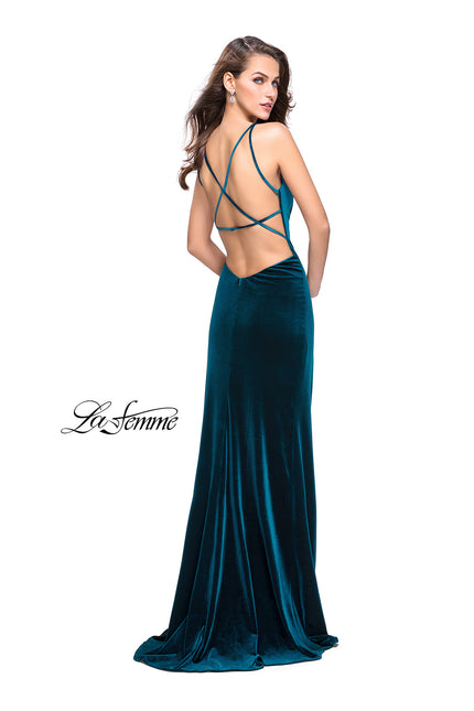 Picture of: Velvet Prom Dress with Strappy Back and Small Train in Deep Teal, Style: 25184, Back Picture