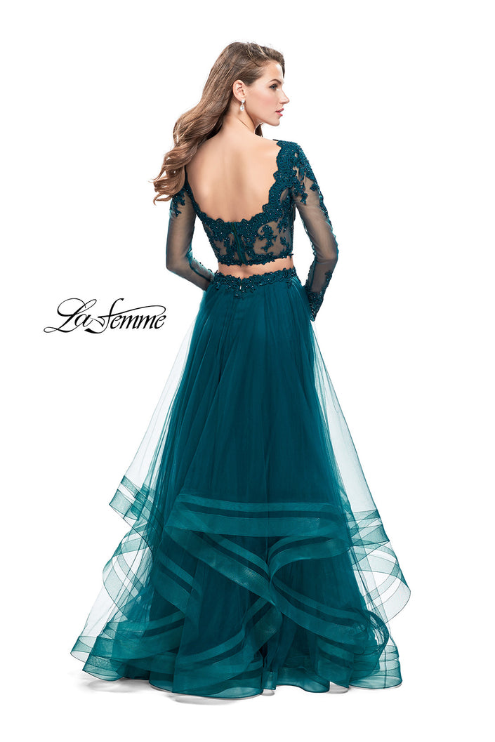 Picture of: Long Two Piece Prom Dress with Tulle Skirt and Lace Top in Deep Teal, Style: 25300, Back Picture