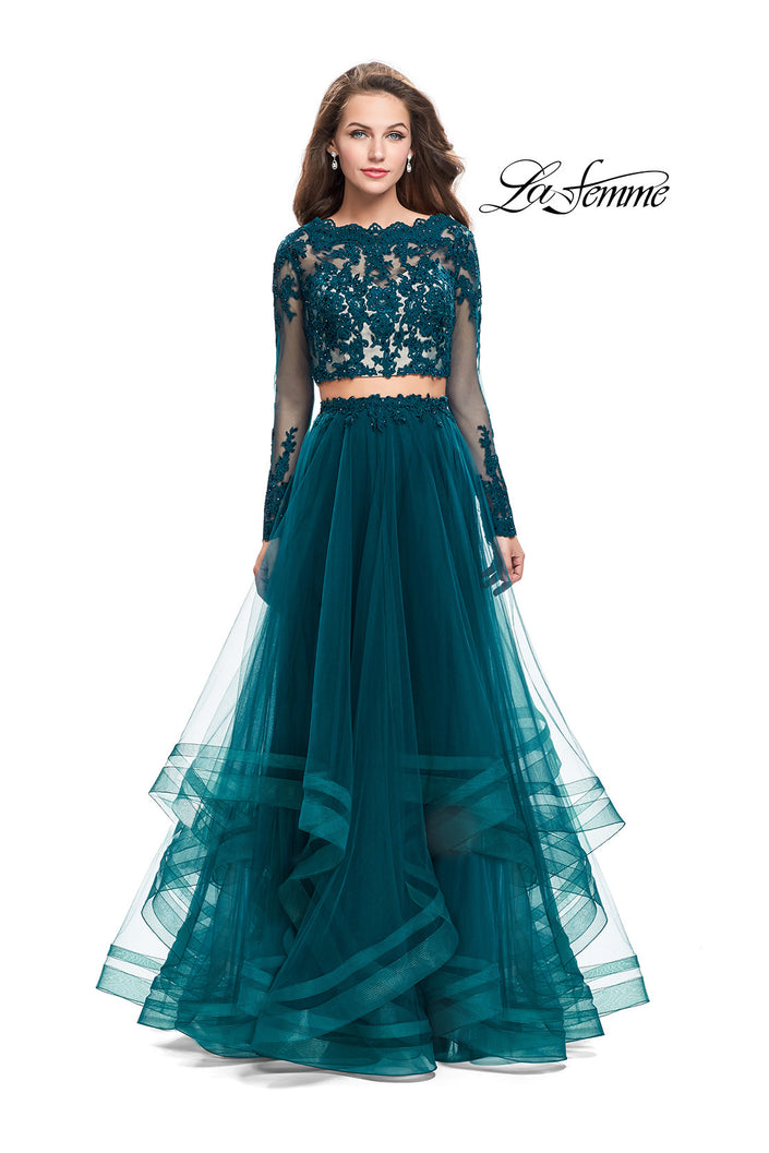 Picture of: Long Two Piece Prom Dress with Tulle Skirt and Lace Top in Deep Teal, Style: 25300, Detail Picture 1
