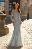 Picture of: Lace Tulle Mermaid Gown with Illusion Sleeves in Dusty Blue, Style: 31799, Main Picture
