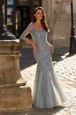 Picture of: Lace Tulle Mermaid Gown with Illusion Sleeves in Dusty Blue, Style: 31799, Detail Picture 1