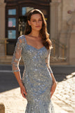 Picture of: Lace Tulle Mermaid Gown with Illusion Sleeves in Dusty Blue, Style: 31799, Detail Picture 2