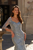 Picture of: Lace Tulle Mermaid Gown with Illusion Sleeves in Dusty Blue, Style: 31799, Detail Picture 4