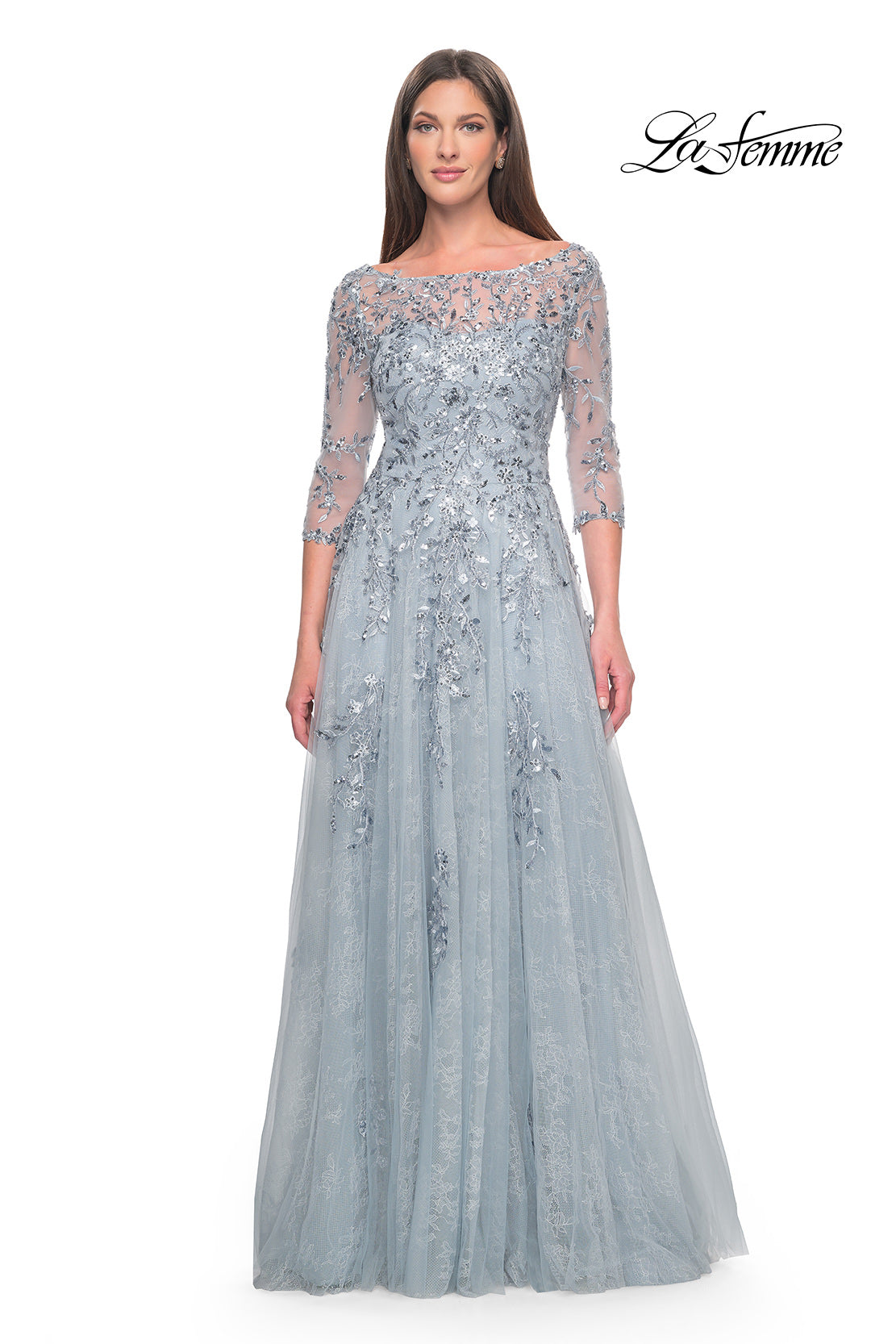 Picture of: A-Line Lace and Beaded Mother of the Bride Gown in Dusty Blue, Style: 31795, Main Picture